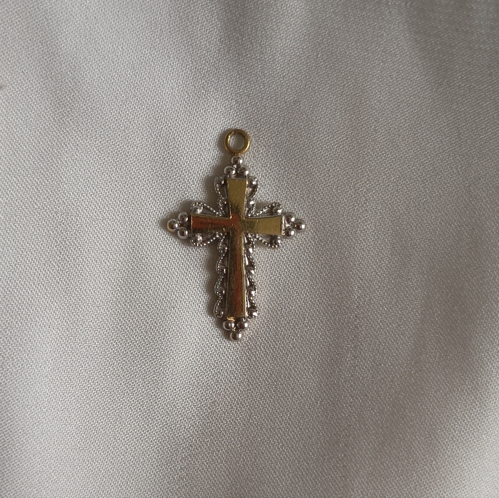 Vintage Delicate Two-Tone Cross Pendant Necklace Charm - 14K Gold